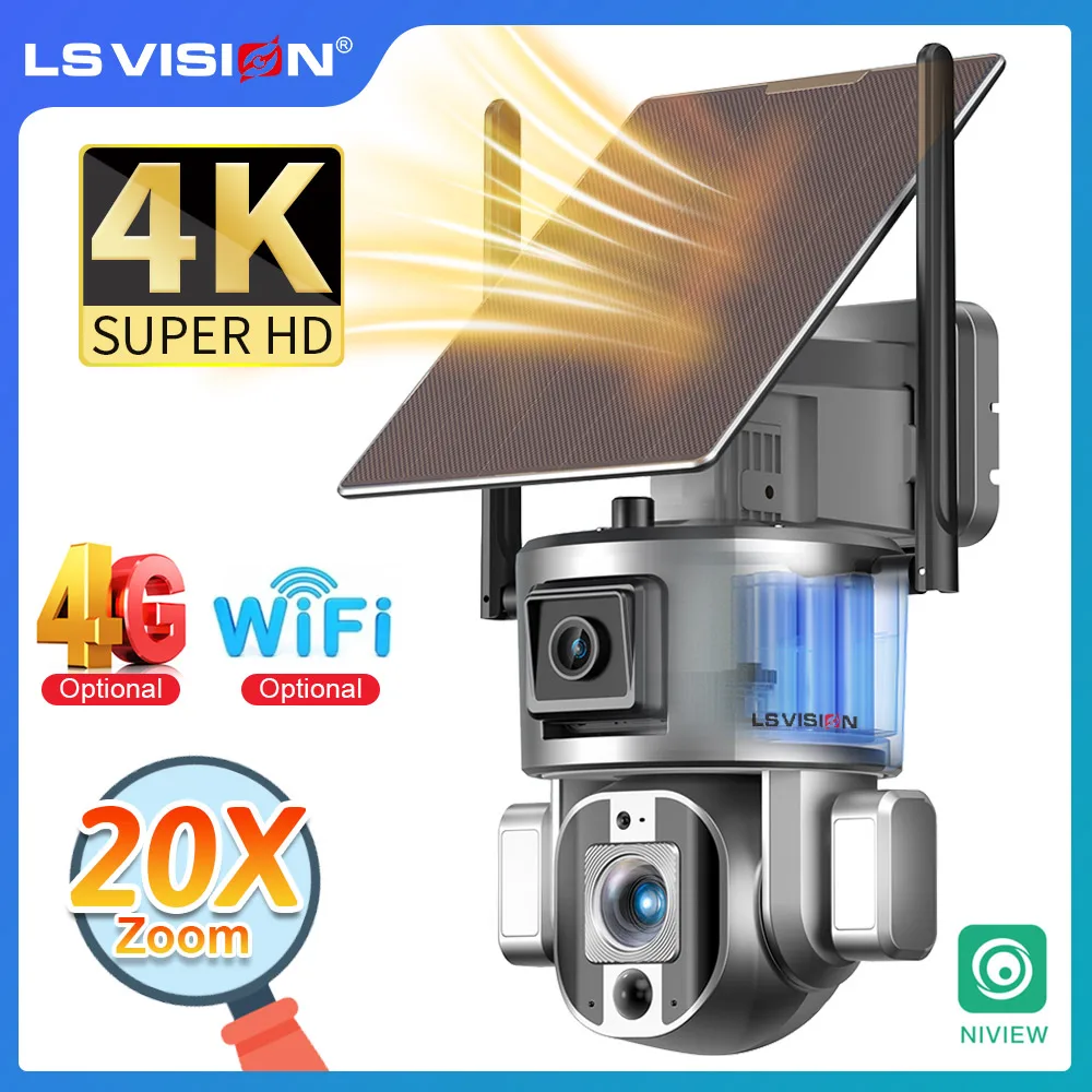 LS VISION 4K UHD Dual Scrceen 4G Solar Powered Camera Outdoor WiFi 20X Optical Zoom Two-way Talk Human Auto Tracking CCTV Camera