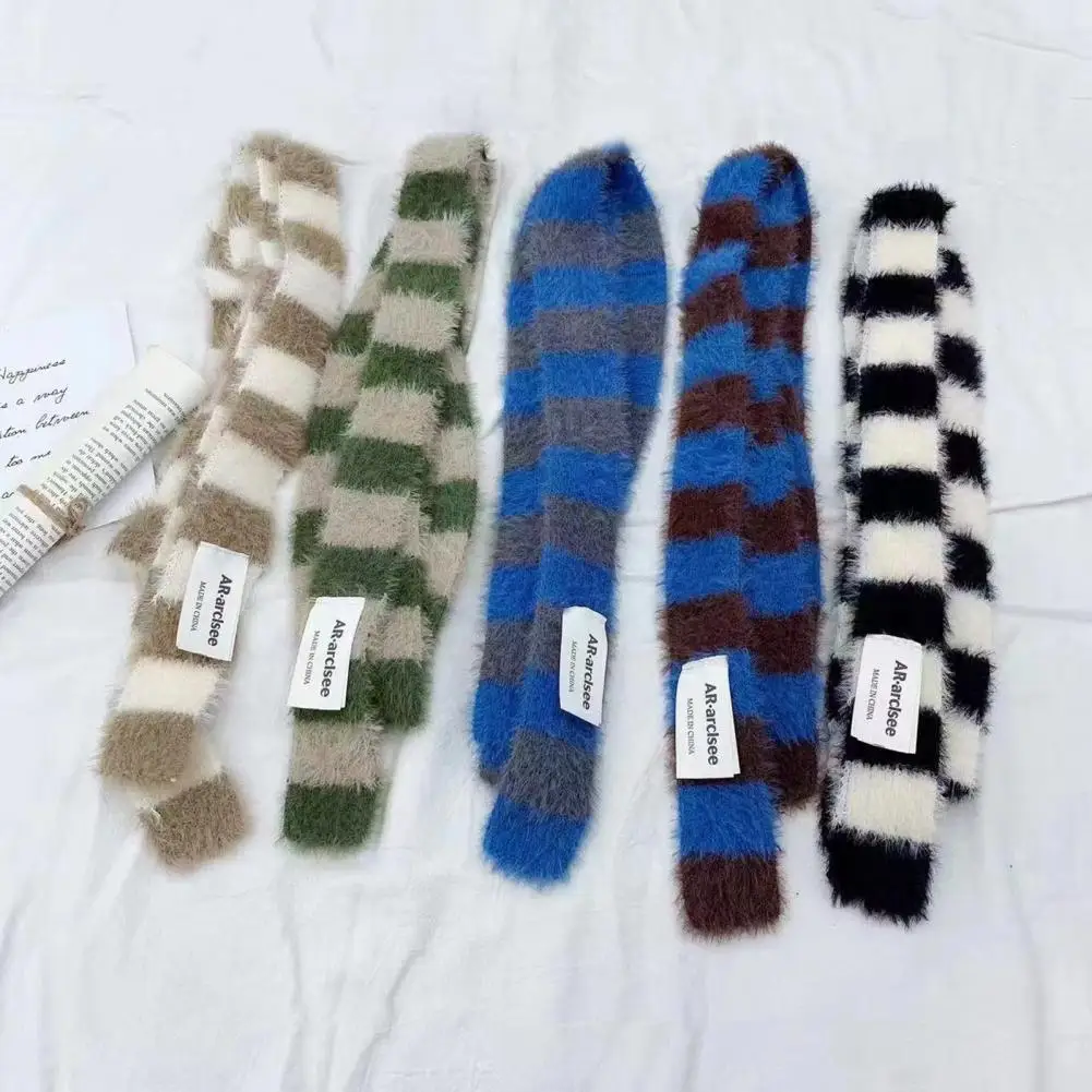 200cm Long Scarf Retro Style Color Block Long Scarf Thickened Imitation Mink Fur Fashion Accessory for Women Warm Thin Scarf 5cm