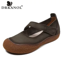 DRKANOL Handmade Retro Women Flat Shoes Literary Style Genuine Leather Loafers Round Toe Shallow Hook Loop Casual Women Shoes