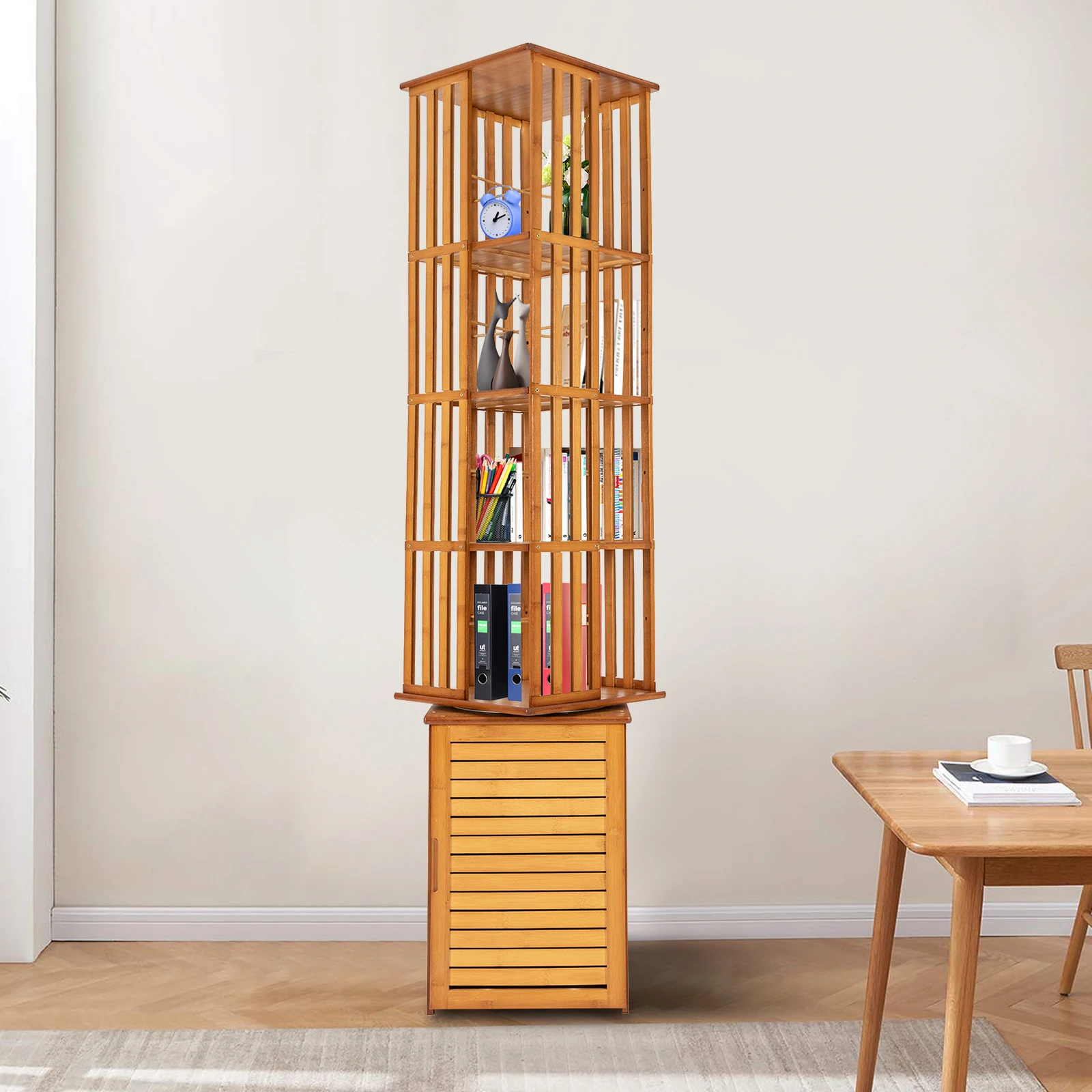 14.5*14.5*87.4in 6-Tier Bamboo Book Shelf 360° Rotating Corner Storage Display Rack Open Bookcase for Living Room Office