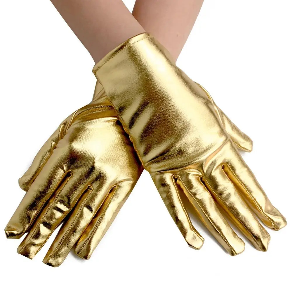 Gothic Glänzende Lederhandschuhe Lang/Kurz für Bühnenauftritte Clubwear Fäustlinge in Gold und Silber Etikette-Handschuhe Halloween