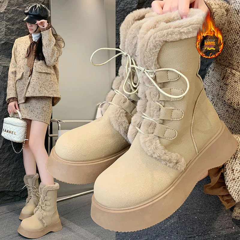 

Snow boots with fur, mid-calf boots, thick-soled and fleece-lined for warmth, versatile cotton boots for winter, M397