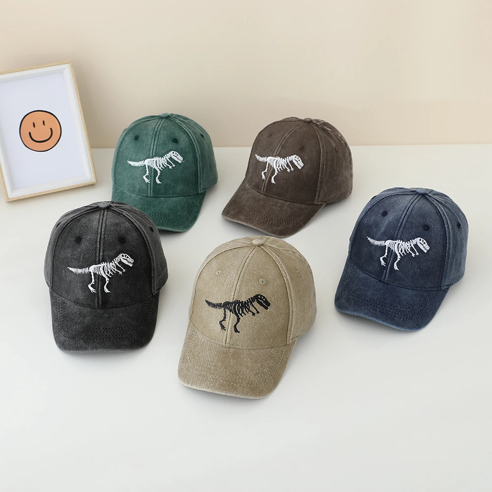 

Fashionable casual children's embroidered dinosaur baseball cap, spring-autumn washed outdoor sun-protective beanie