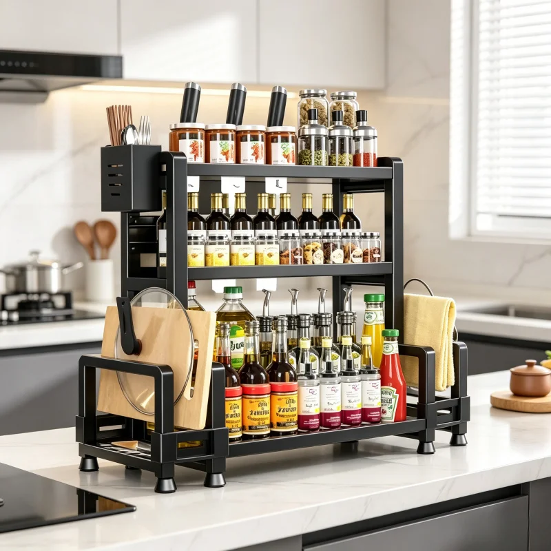 3 Tier Adjustable Metal Spice Rack, Freestanding Compact Countertop Kitchen Organizer Black
