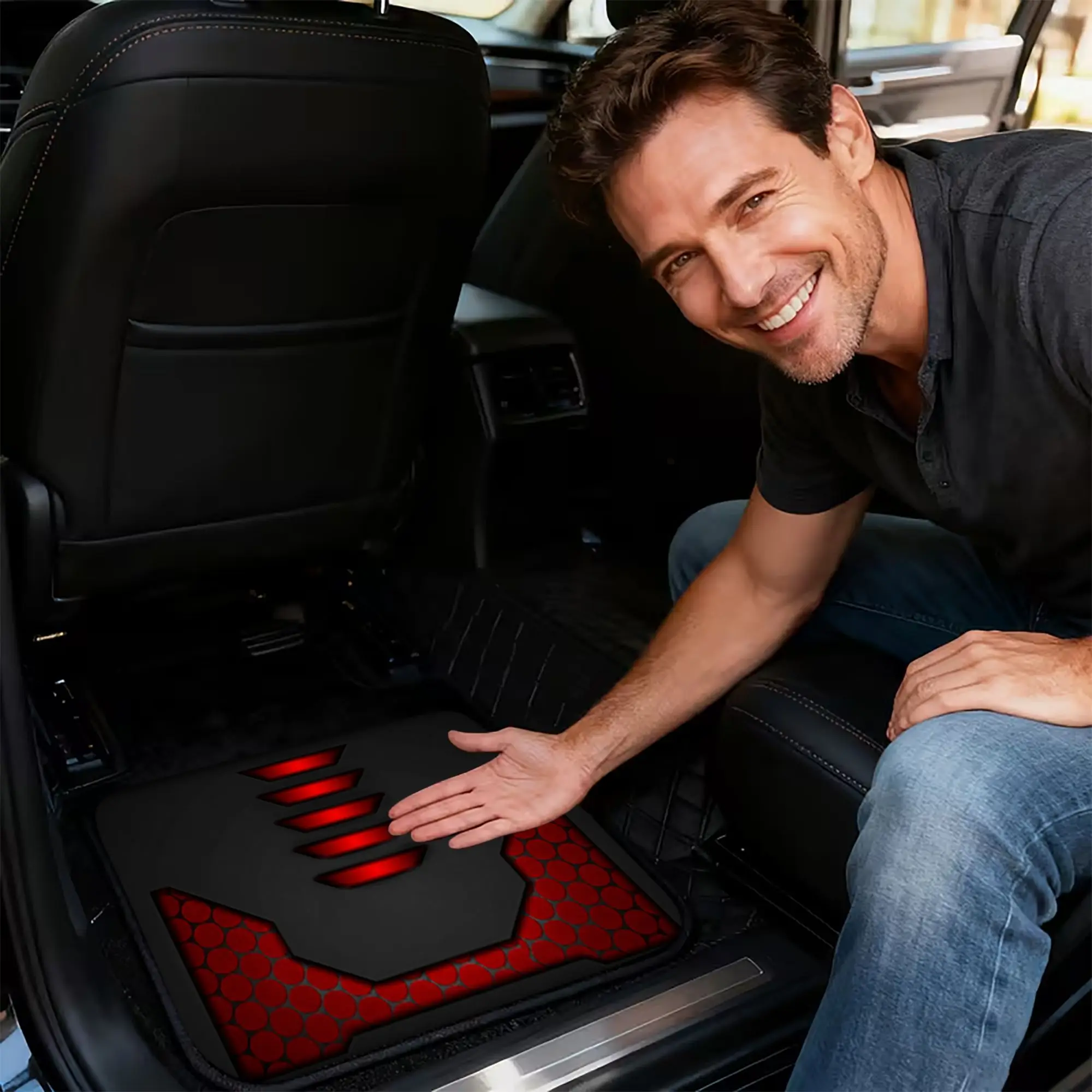 4pcs Polyester Fiber Red and Black Carbon Fiber Style Printed Car Floor Mats with Sporty Design for Universal Fit