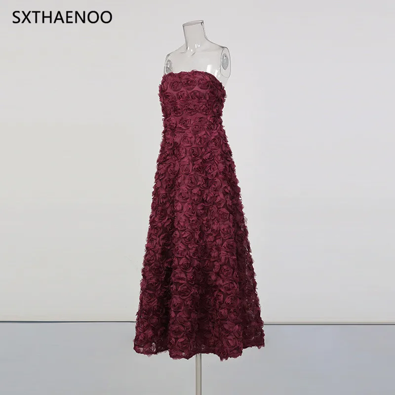 SXTHAENOO مثير حمالة ثلاثية الأبعاد زهرة الزهور فستان طويل المرأة بورجوندي بلا أكمام عارية الذراعين الأزهار ألف خط فساتين السهرة حفلة