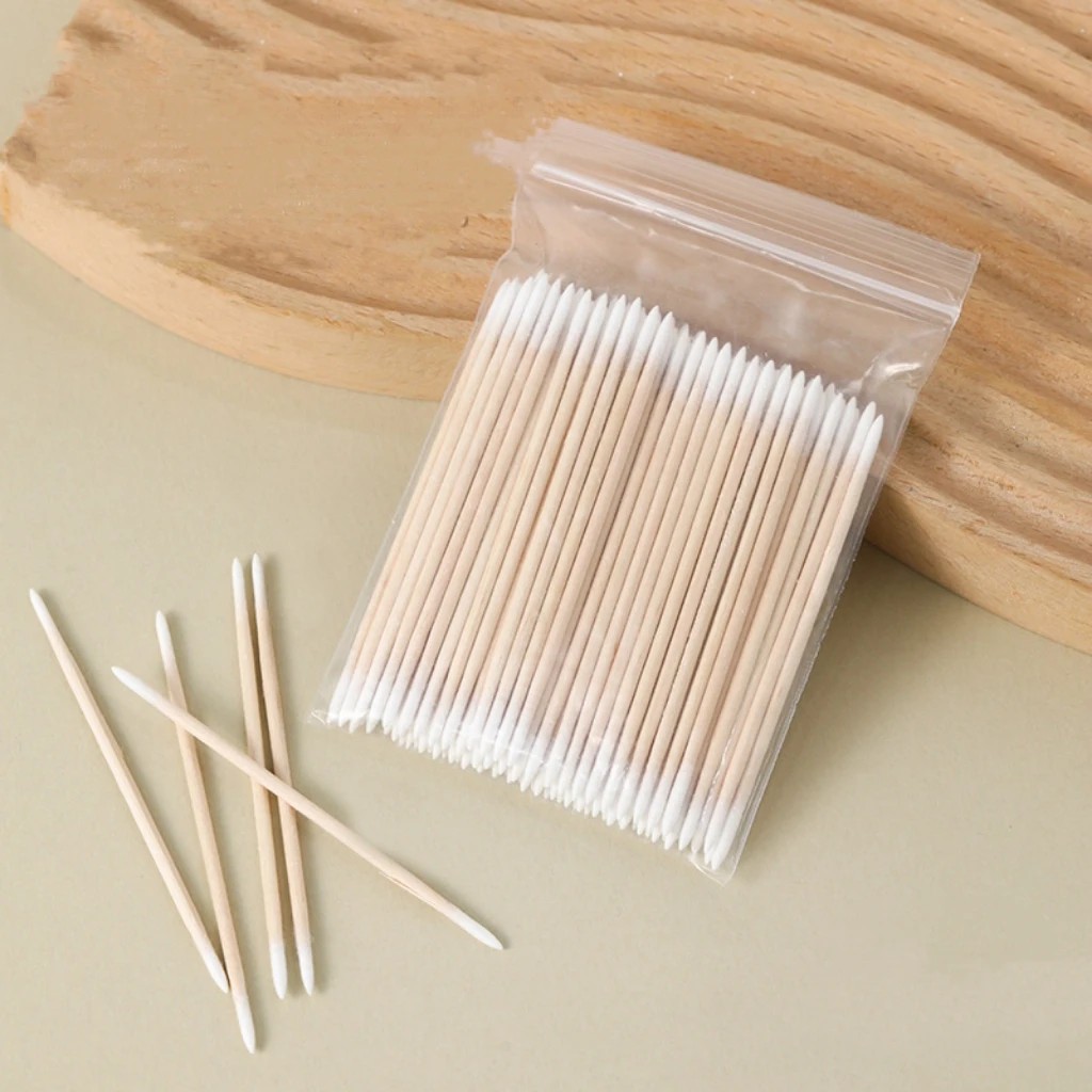 100Pcs Wooden Pointed Cotton Buds Fine Tip Swabs for Nail Art Makeup Eyeliner Removal Detail Cleaning Tool Portable