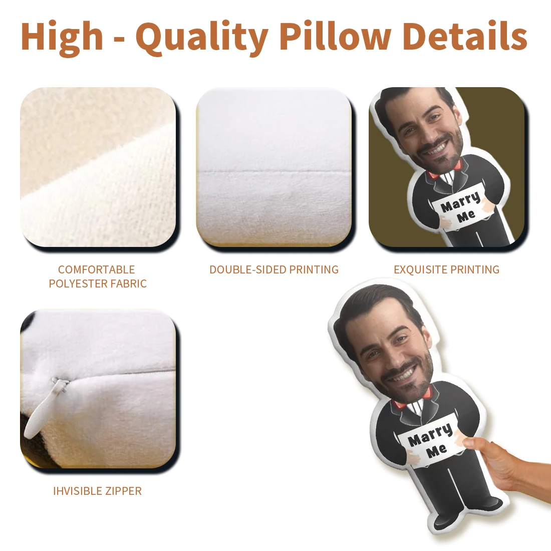 Personalisiertes Foto-Plüschkissen – individuelles FaceBodyNameTextLogo – Hochladen Ihres eigenen Bildern – weiches Stoffkissen für Bett, Sofa, Auto – Detail 3