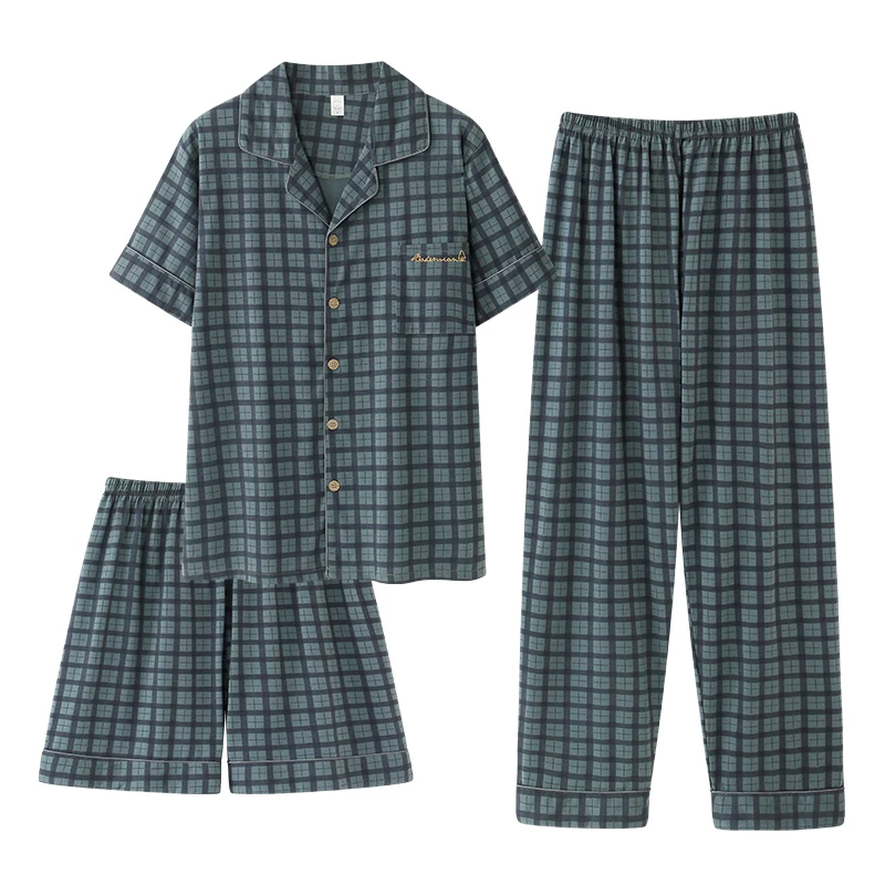 3PCS/Set Male Nightwear Suit Summer Generous Leisure Short Sleeve Pajamas Striped Homewear Men Big Yards4XL Cotton Pijama Hombre