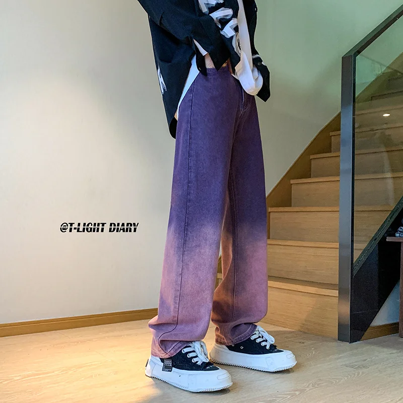 

Fashion Tide Purple Baggy Jeans Men Boyfriend Low Waist Gradient Washed Y2k Jean Pants Mopping Straight Denim Trousers 5XL-M