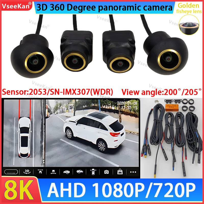 

8K 3D 360 Deg Car Camera Surround View 1080P AHD Right+Left+Front+Rear View Camera for Android Radio,Golden lens