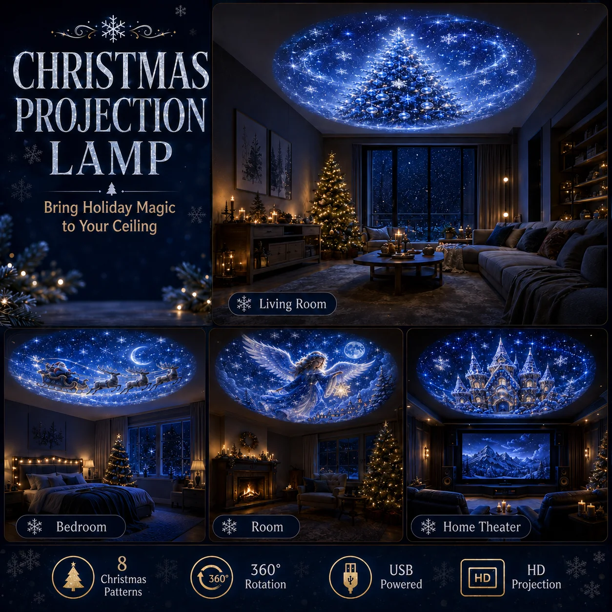 8 Christmas-Themed Projector Lights, USB-Powered Nightlights, Perfect for Creating a Festive Atmosphere in Your Room.