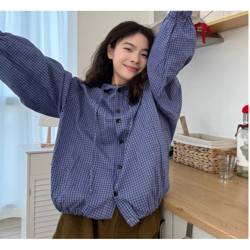 

Blue Plaid Hooded Shirt Women's Loose Slimming Lazy Style Spring 2026 Top Long Sleeve Button Closure Cardigan Casual Outerwear