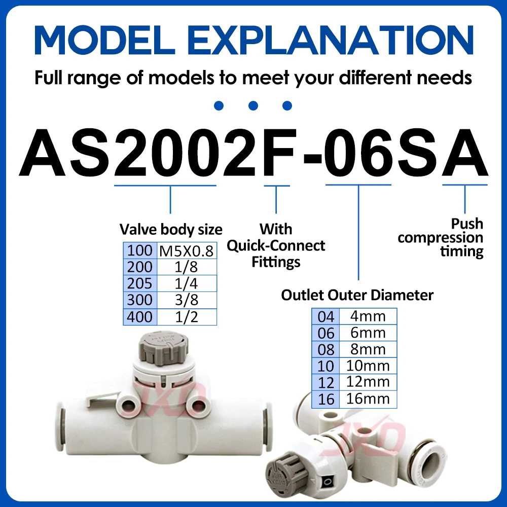 JXD Pneumatic Air Fitting Flow Control Valve AS2002F-04A AS2052F-06A AS3002F-08A Straight Inline Speed Regulator Pipe Connector