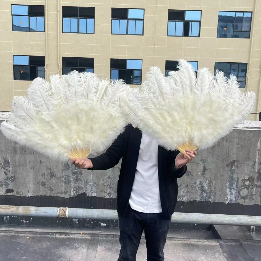 

13Bone Natural White Ostrich Hand Feather Fans for Stage Performance Dancer Show Carnival Wedding Party Props Turkey Plumes Fan