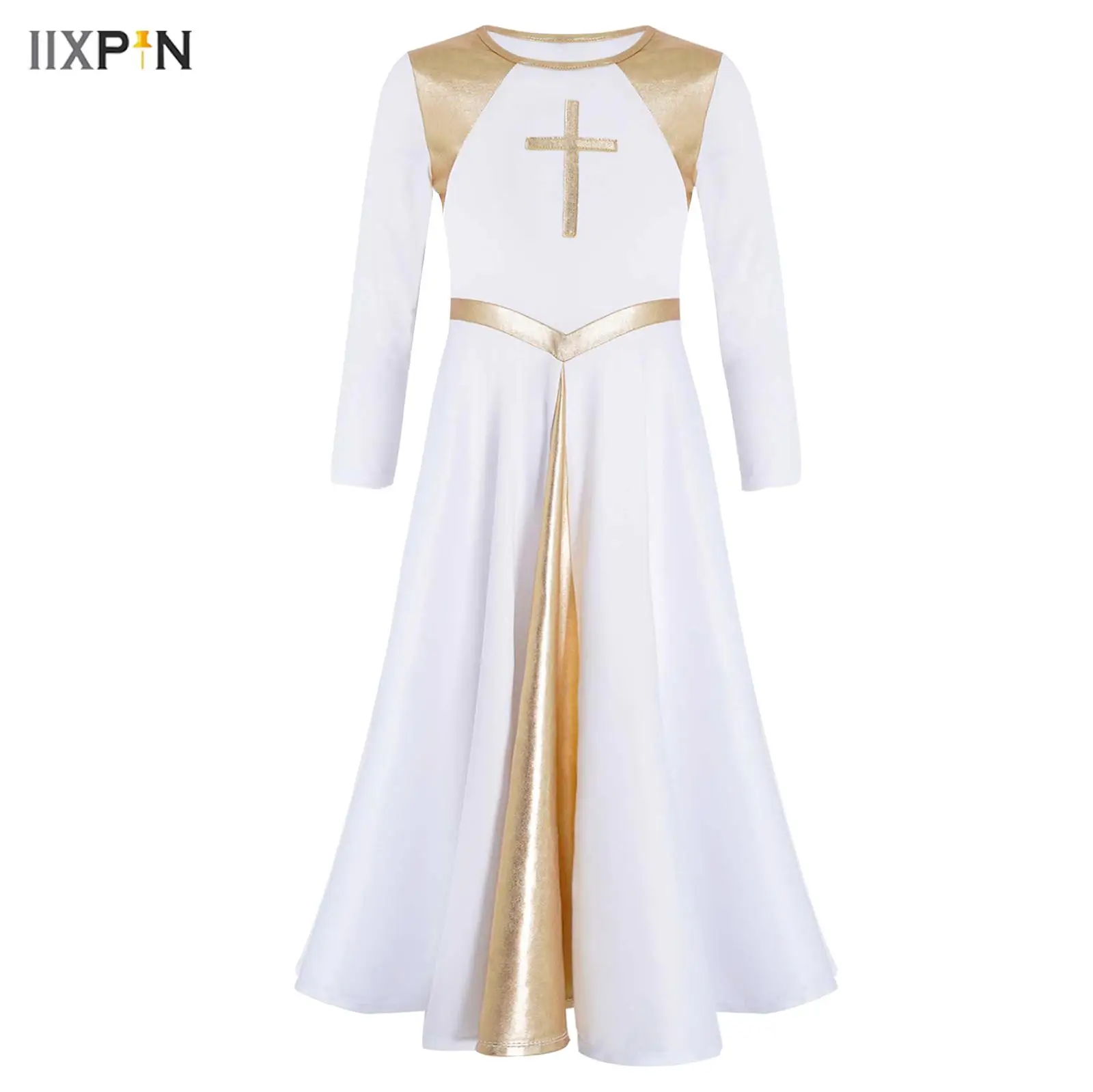 Meisjes metallic kruis liturgische lofprijsdansjurk lyrische danskleding kleurblok volledige lengte gewaad aanbidding kerkkoor