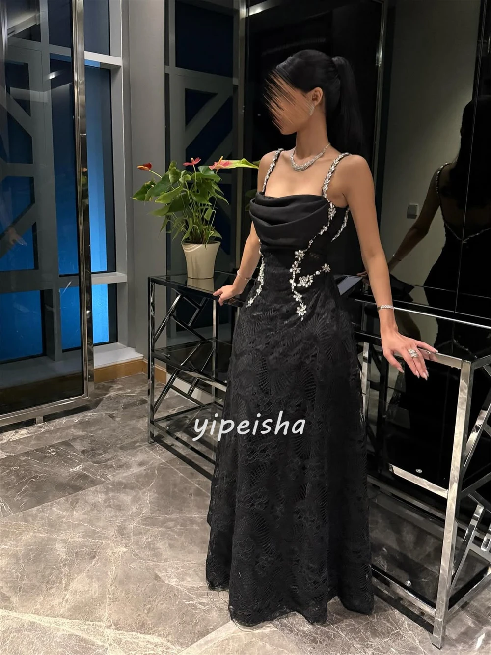 맞춤형 우아한 패션 레이스 라인스톤 플리츠 A라인 스파게티 스트랩 롱 드레스 맞춤형 행사 드레스 사이즈 가능