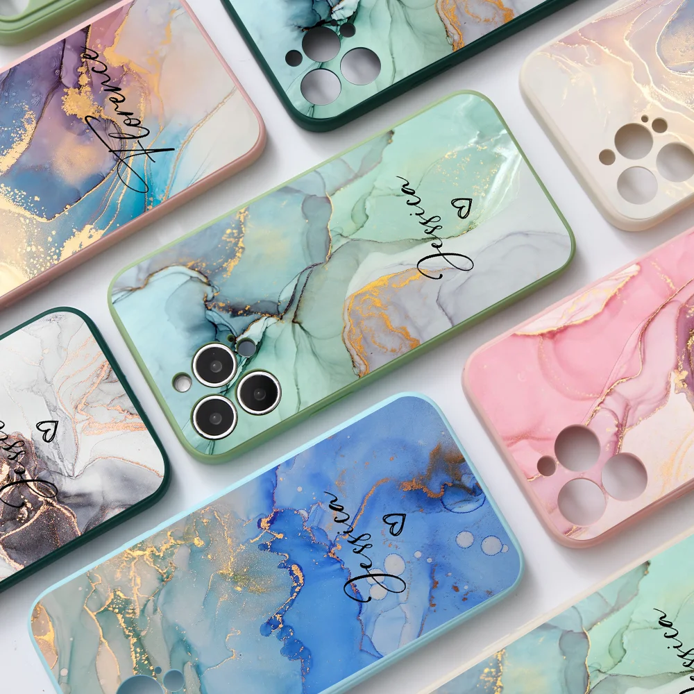 Customize Marble Name Pink Blue Case for iPhone 15 14 13 12 11 Pro Max X XR XS 7 8 Plus Personalized Silicone Soft Phone Cover