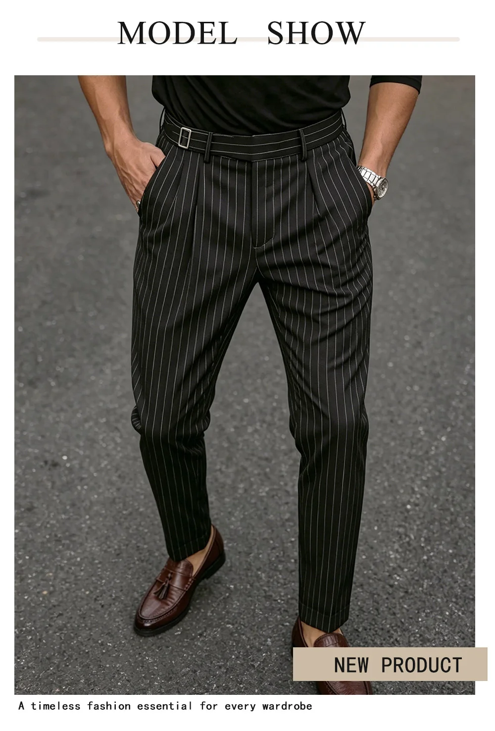 Herrenhose mit Streifenmuster, aus gewebtem Stoff, mit verstellbarem Bund und Knopf, gerades Bein, mit Taschen, elegante Business-Hose für Büro und Alltag. – Detail 2