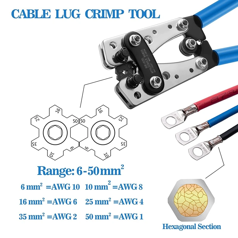 Battery Cable Lug Crimp Tool For AWG 10, 8, 6, 4, 2, 1 Terminal And 60 Piece 8Specs Cable Lug Kit