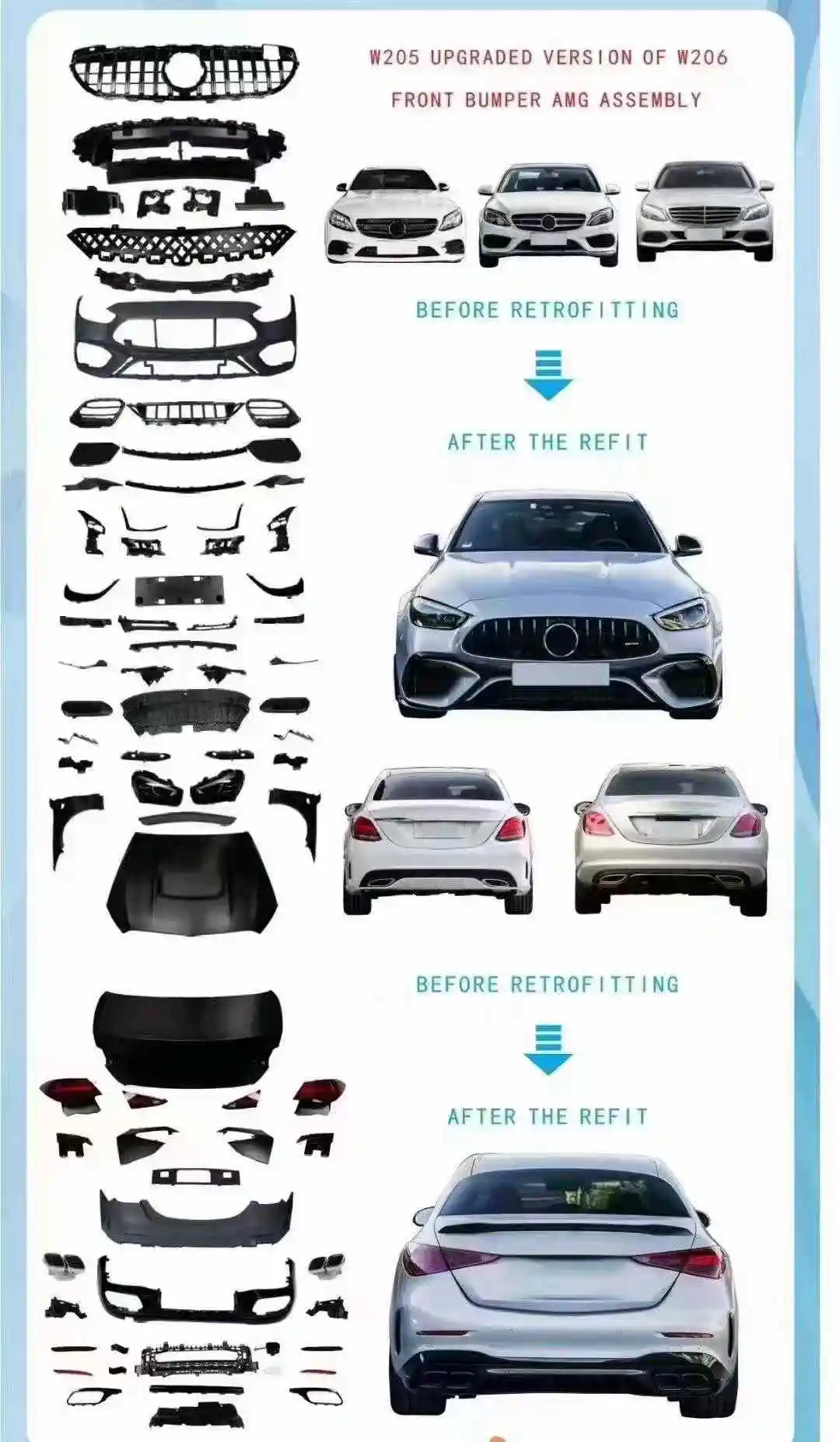 High Quality Body Kit for Mercedes Benz W205 Upgraded to W206 Front and Rear Bumper AMG Assembly.