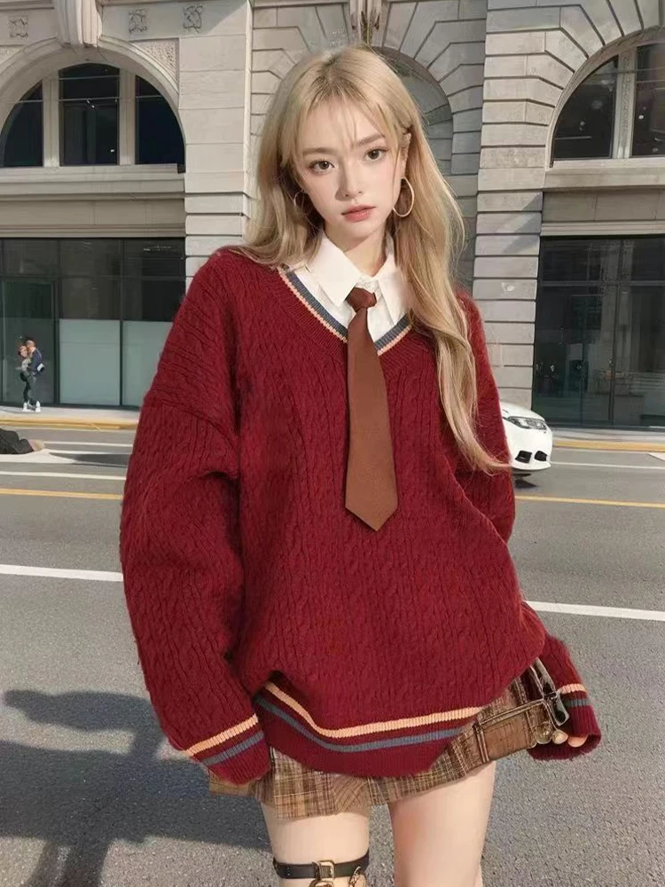 Suéter de Punto con Cuello en V Color Vino Tinto Navideño, Moda Femenina 2023, Nuevo Estilo Retro de Otoño Invierno, Top con ...