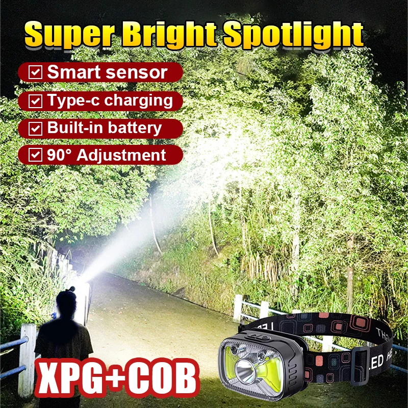 7 Modes Mini Rechargeable Powerful Headlamp Type-c High Power Head light LED Head Lamp Sensor Torch Work Front Light for Outdoor