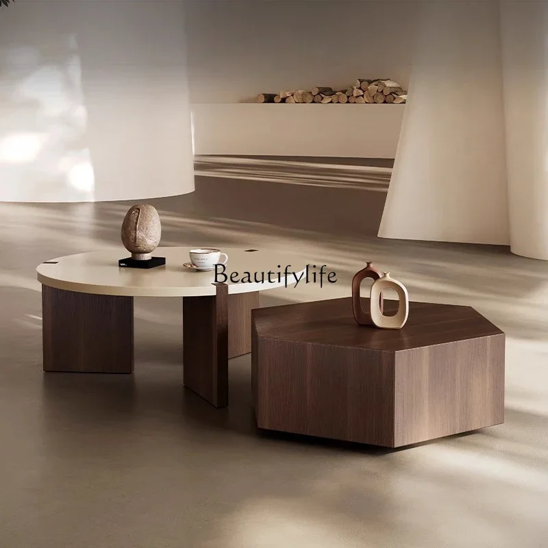 

yj9 Italian minimalist personality combination round smoked wood coffee table living room home high sense