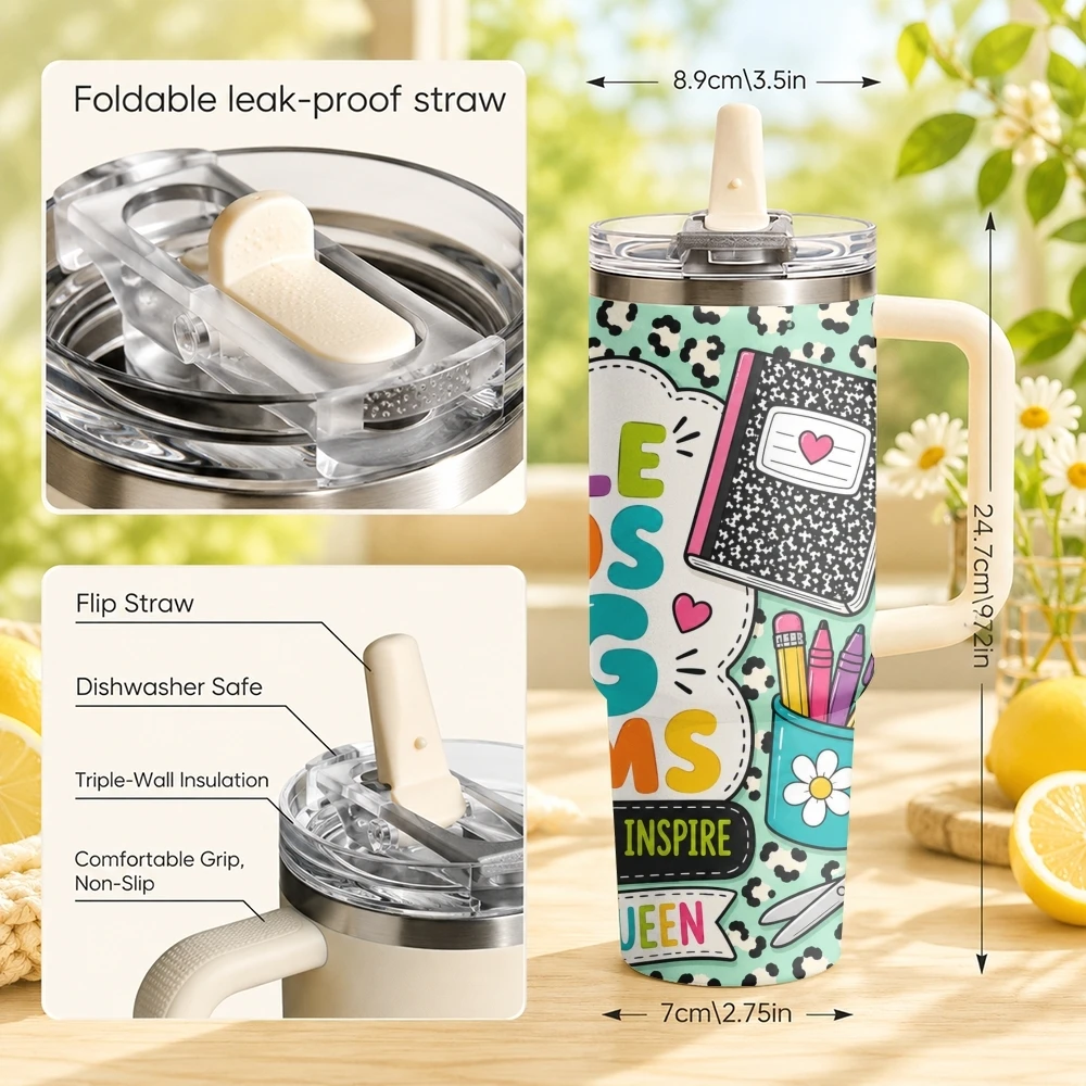 Leopard-Print Teacher Vacuum Flasks 40oz Stainless Steel Tumbler with Handle Straw Lid Vacuum Insulated Double Wall Leak Proof