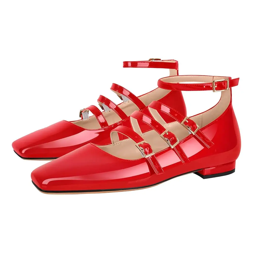

Mary Jane Shoes Women Low Block Heel Square Toe Flats Patent Leather Pumps Wedding Dress
