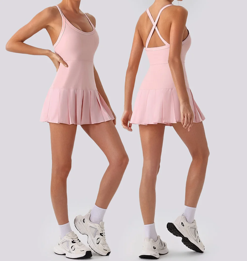 Women Summer Sexy Sleeveless Sports Dress Gym Clothing Slim Tennis Dress One-Piece Mini Skirt Golf Skirts Jumpsuit With Pockets