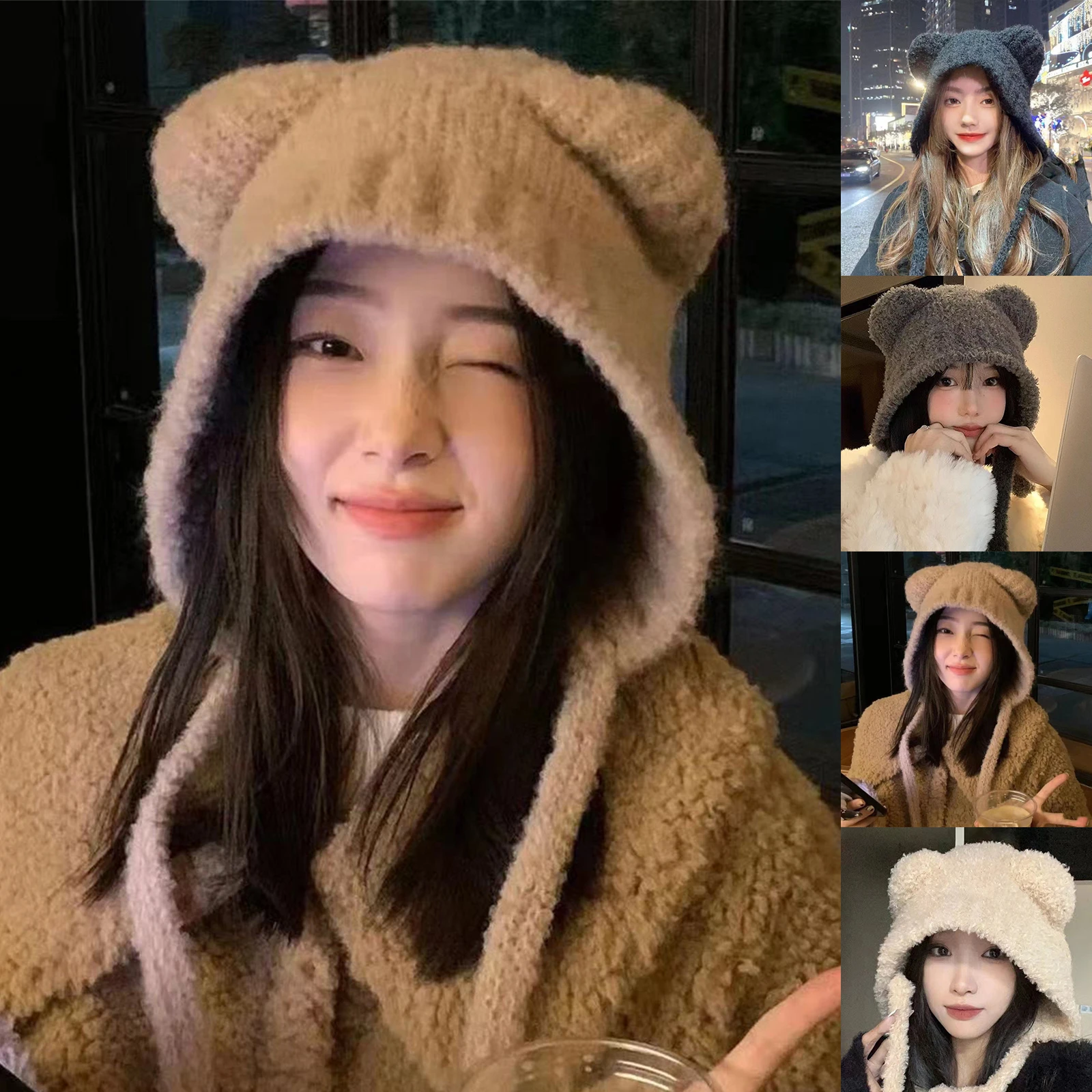 หมวกไหมพรมผู้หญิงแบบมีที่ปิดหู ป้องกันความหนาว ผลิตในเกาหลี หมวกไหมพรมนุ่ม อุ่น สำหรับฤดูหนาว หมวกบีนนี่ถักน่ารัก ลายหูหมี หมวกไหมพรมขนสัตว์ อุ่นสบาย หมวกถักแบบผูกเชือก