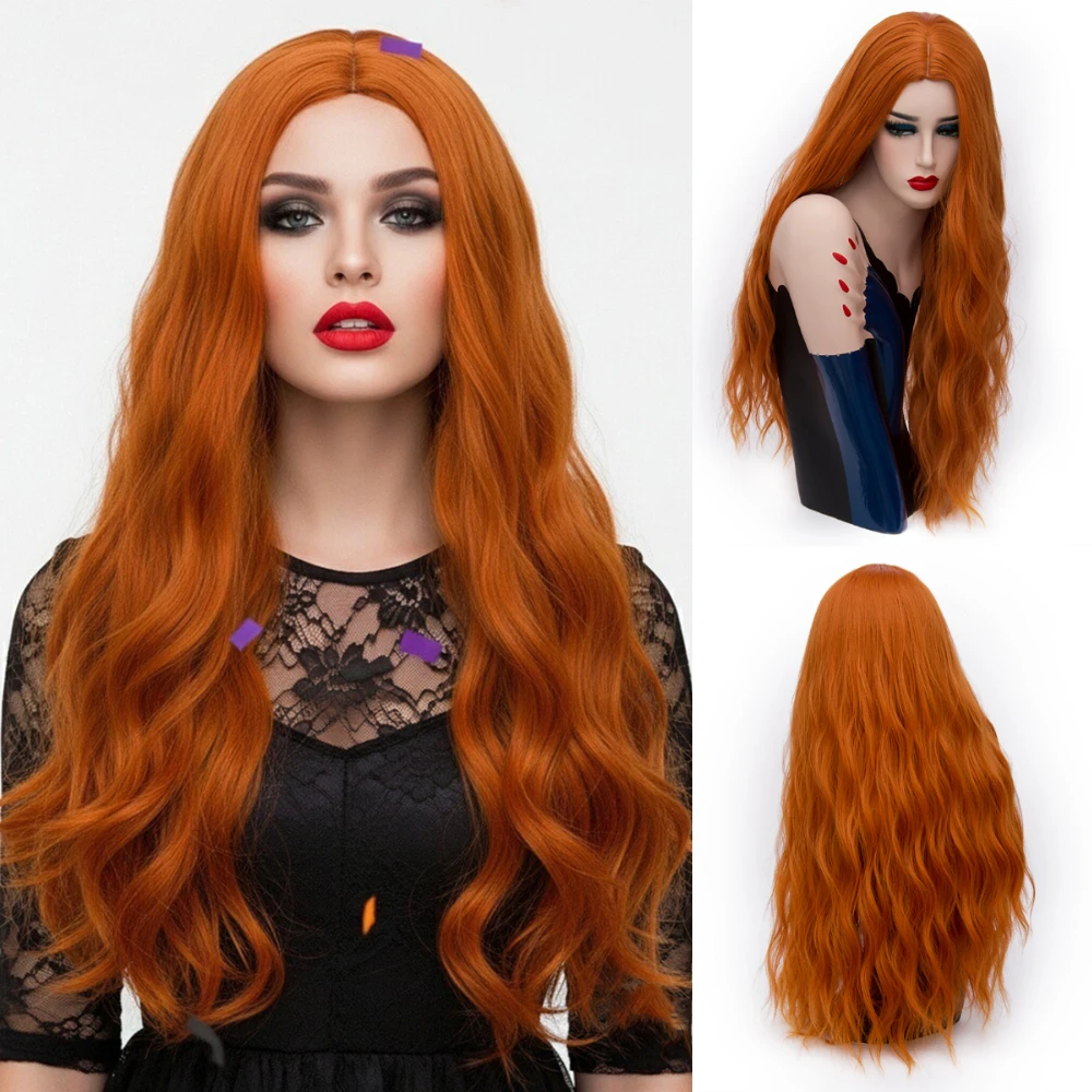 

Женские термостойкие длинные оранжевые волнистые синтетические волосы со средней частью, идеально подходящие для косплея, вечеринки в честь Хэллоуина, естественного вида