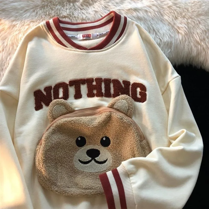 DAYIFUN Cute Teddy Bear Pocket Women's Hoodie Loose Casual Round Neck Pullover Top for Women Long Sleeved Autumn Girl's Clothing