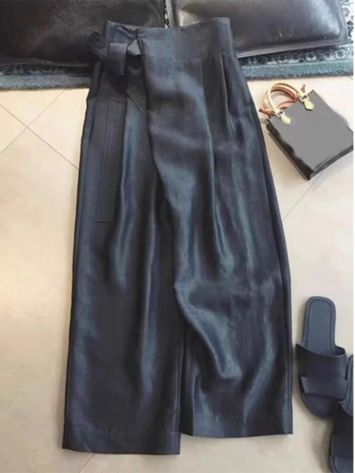 Pantaloni a gamba larga Ele Bla Pantaloni lunghi a vita alta con pieghe laterali dal design cinese vintage casual da donna