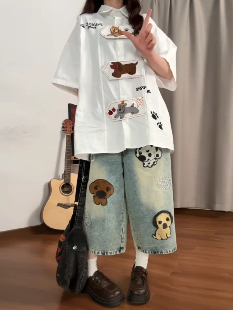 Sweet Cool Spicy American Style Dog Embroidery Seven-Foot Women's Loose Slim Straight Leg Wide Leg Jeans Shorts Summer