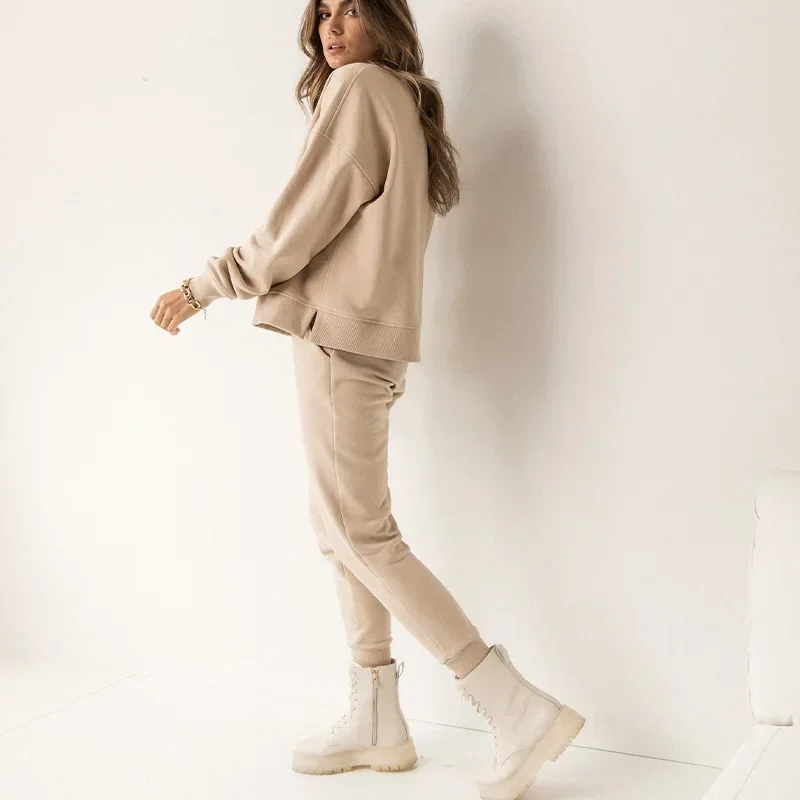 

Loose Casual Full Sleeve Pullovers Women Round Neck Solid Two Piece Sets Autumn Winter 2023 Elastic Waist Long Pants Sets