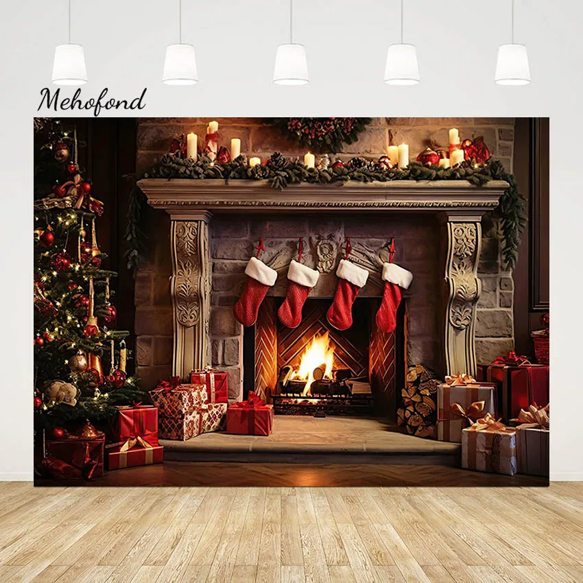 Mehofond Merry Christmas Photography Background Xmas Vintage Fireplace Baby Child Portrait Red Stockings Backdrop Photo Studio