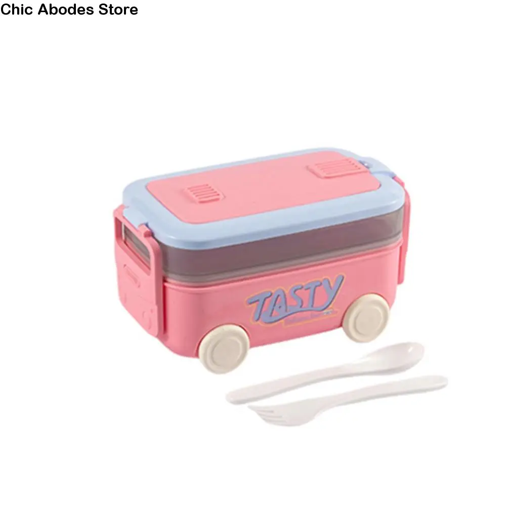

Movable Compartment Kids Bus Lunch Box with Tableware Double Layer Food Container Leakproof Sealed Food Storage Box School