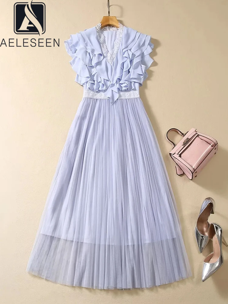 

AELESEEN Women's Summer Chiffon Dress Runway Fashion Blue Black V-Neck Ruffles Patchwork Lace Mesh Pleated Elegant Long