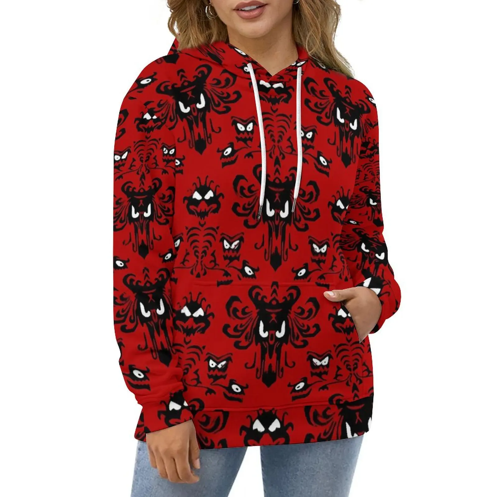 Red Haunted Mansion Hoodies Retro Print Street Fashion Oversized Hoodie Couple Long-Sleeve Kawaii Custom Casual Sweatshirts