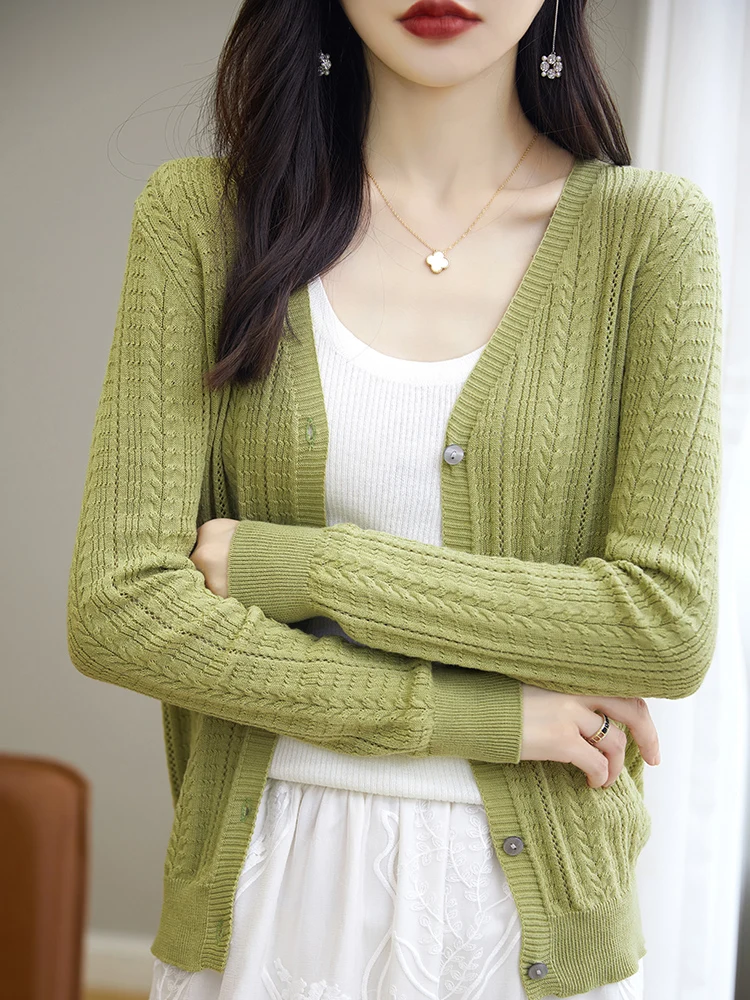 

Вязаный длинный кардиган из чистого хлопка Све V-Ne, тонкая верхняя одежда, пальто для женщин, осенне-зимний сезон, поездка на работу, Sle