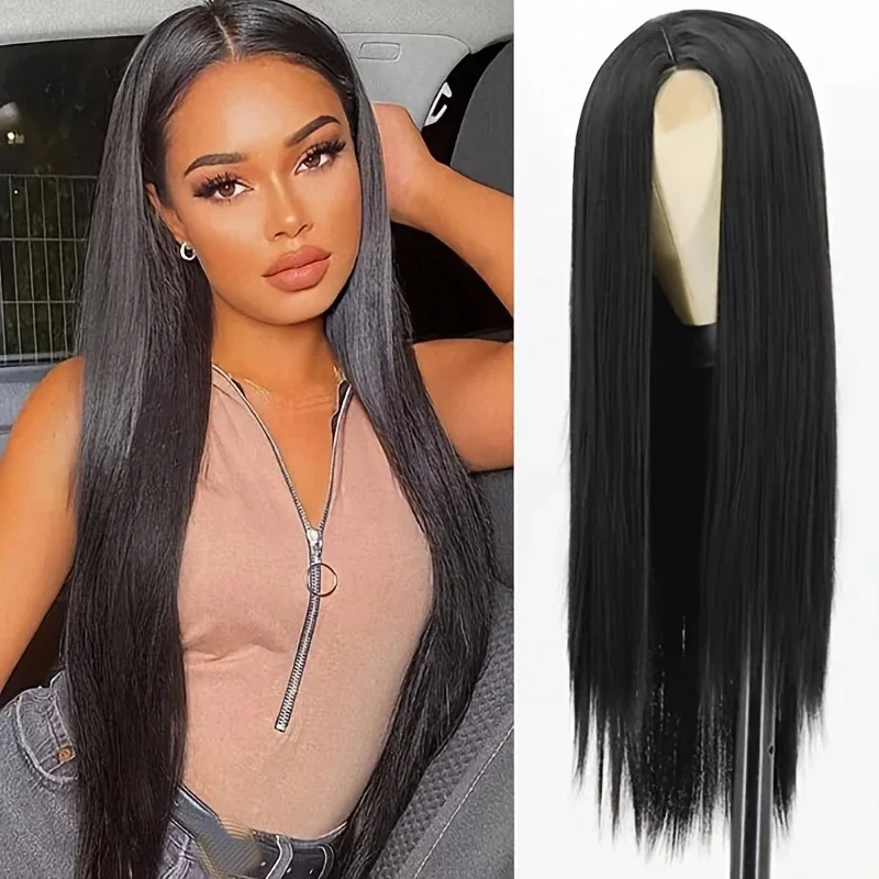 شعر مستعار طبيعي كامل للنساء لتغطية الرأس بالكامل، شعر طويل على الموضة الأوروبية والأمريكية، شعر طويل أسود مستقيم، فراق متوسط #3