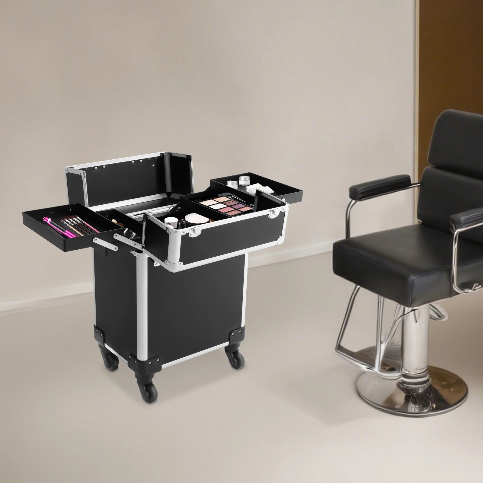 

Rolling Makeup Train Case,Cosmetic Trolley with Keys,Hairdressing Travel Case,Large Capacity Trolley Makeup Box, Black
