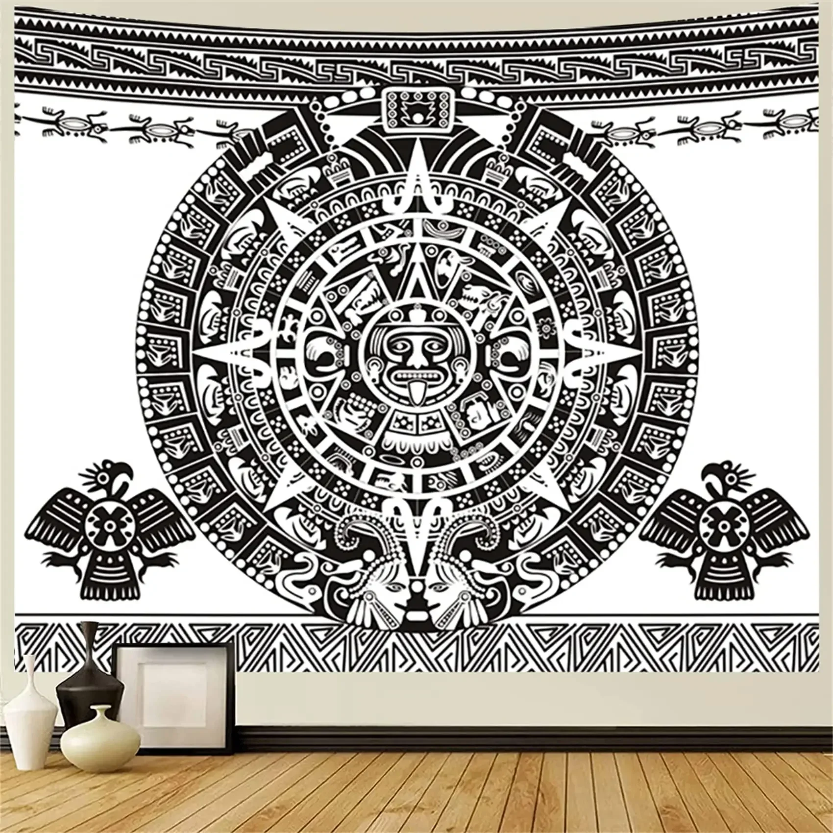 Aztec Calendar Tapestry Black＆White Vintage Mayan Old Sign Ancient Words Art Wall Hanging for Bedroom Livingroom Dorm Home Decor