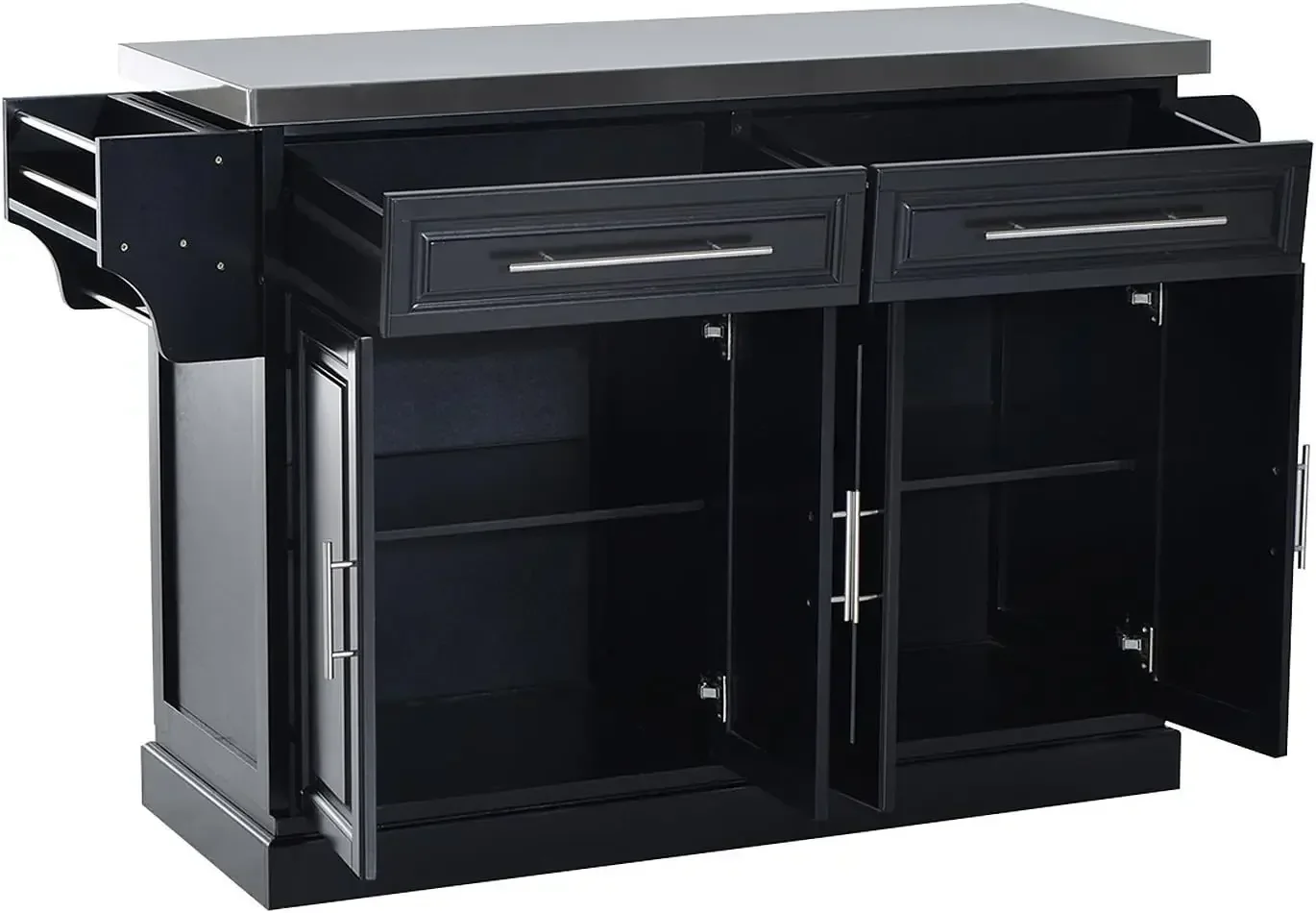 جزيرة مطبخ دوارة مع مساحة تخزين، عربة مطبخ محمولة مع سطح من الفولاذ المقاوم للصدأ، رف توابل ومنشفة، أسود، درجين