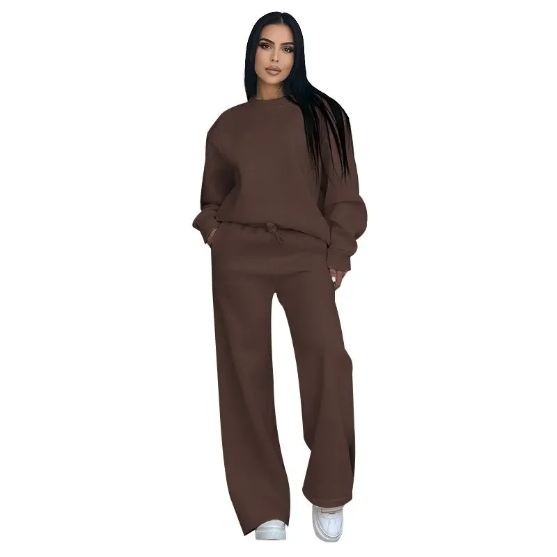 جديد وصول الخريف / الشتاء بلون جولة الرقبة طويلة الأكمام فضفاضة تناسب المرأة أزياء عارضة جرس أسفل البدلة