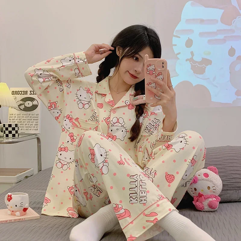 Sanrio autumn hello kitty cute long-sleeved pajamas female cartoon polka dot love casual lapel cardigan loungewear set