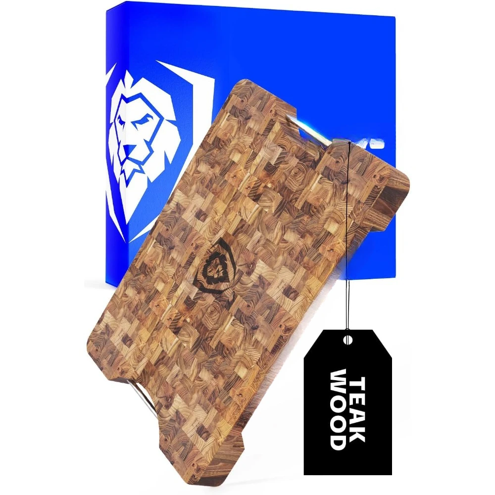 

Massive XL Cutting Board Lionswood End-Grain Teak - 25" x 18" Steel Carrying Handles Gift Packaging Serving Boards