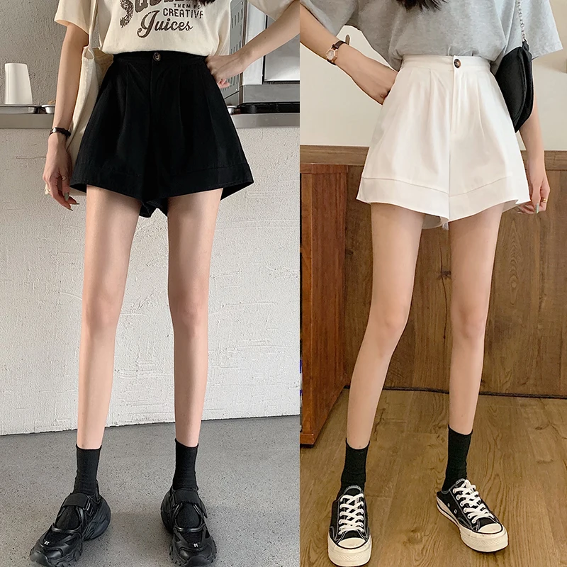 Short ample en pur coton pour femmes, jambe droite, fin, décontracté, couleur unie, pantalon court, Style collège coréen, été 2025